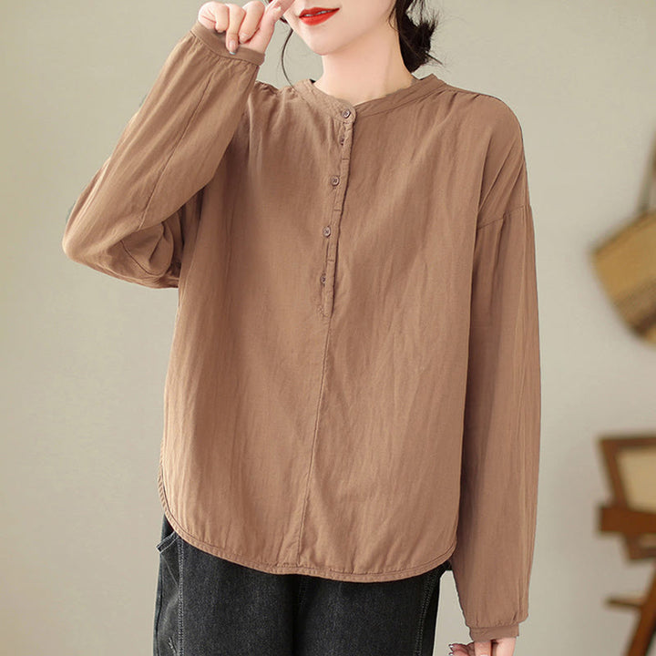 Chemise à manches longues en coton et lin pour femme, motif Buddha Stones, style printemps, simple et uni, avec demi-boutons - SandyBrown - US12，UK/AU16，EU44 (2XL) - image 12