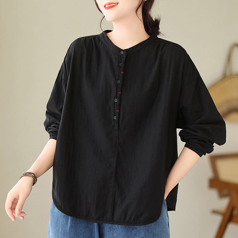 Chemise à manches longues en coton et lin pour femme, motif Buddha Stones, style printemps, simple et uni, avec demi-boutons - Noir - US12，UK/AU16，EU44 (2XL) - image 1