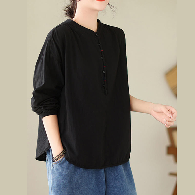 Chemise à manches longues en coton et lin pour femme, motif Buddha Stones, style printemps, simple et uni, avec demi-boutons - image 5