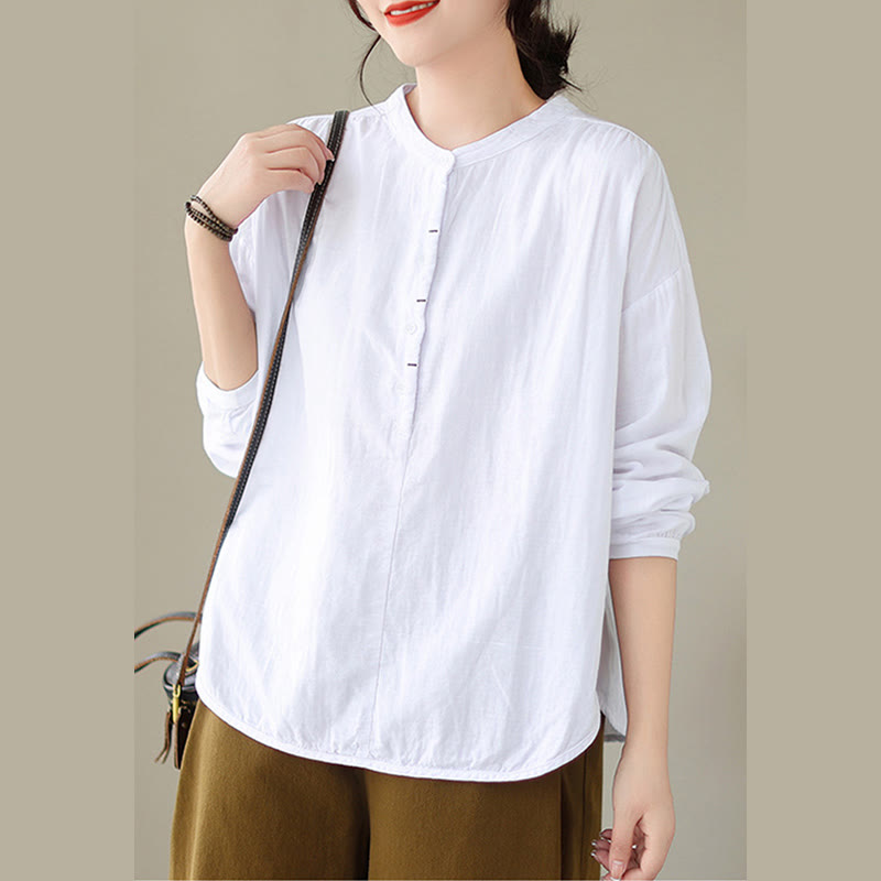 Chemise à manches longues en coton et lin pour femme, motif Buddha Stones, style printemps, simple et uni, avec demi-boutons - image 10