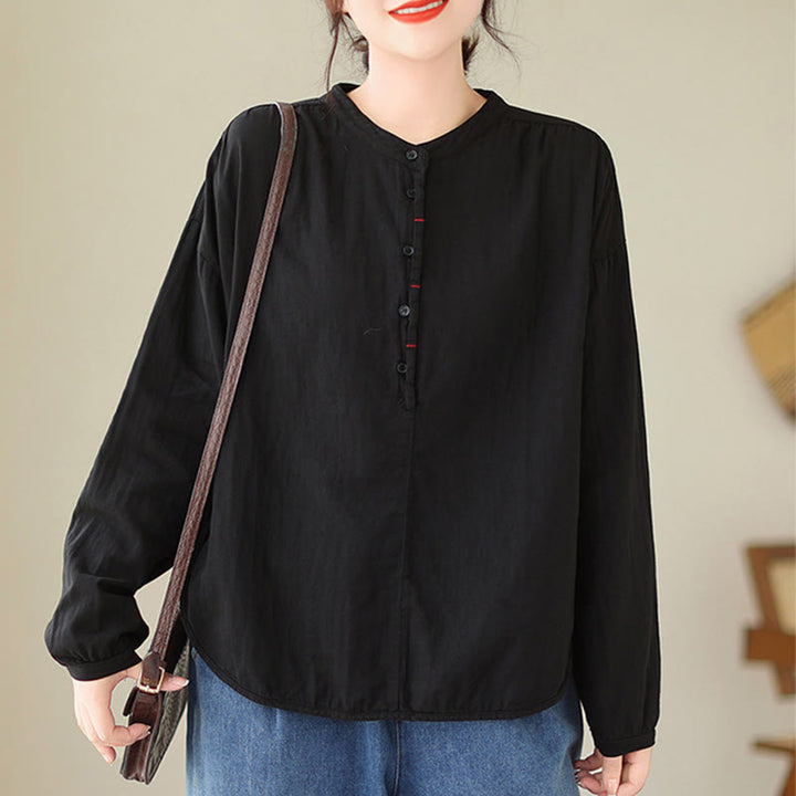 Chemise à manches longues en coton et lin pour femme, motif Buddha Stones, style printemps, simple et uni, avec demi-boutons - image 4