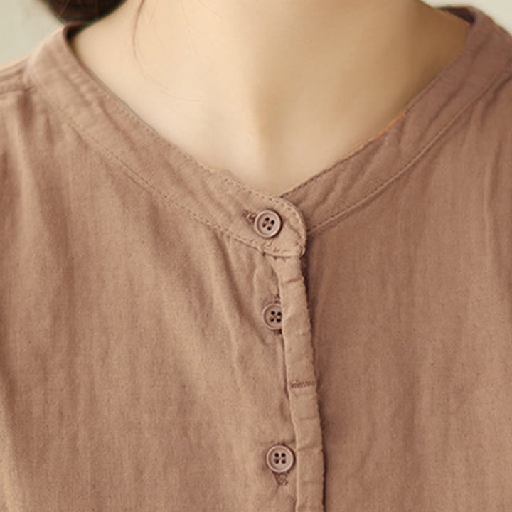 Chemise à manches longues en coton et lin pour femme, motif Buddha Stones, style printemps, simple et uni, avec demi-boutons - image 18