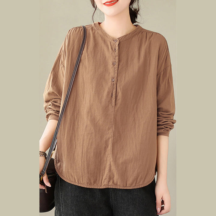Chemise à manches longues en coton et lin pour femme, motif Buddha Stones, style printemps, simple et uni, avec demi-boutons - image 14