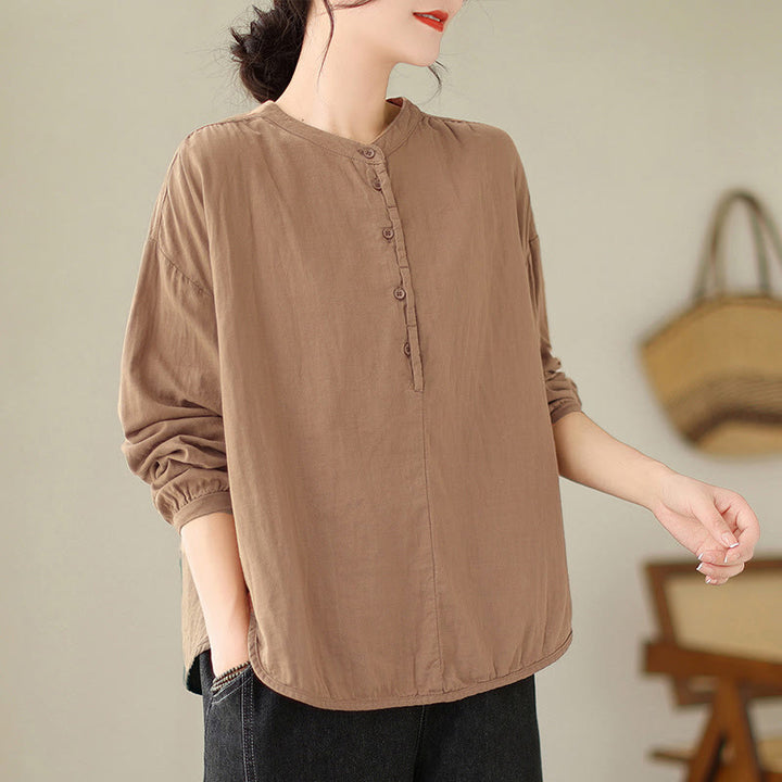 Chemise à manches longues en coton et lin pour femme, motif Buddha Stones, style printemps, simple et uni, avec demi-boutons - image 13