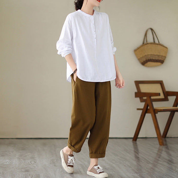 Chemise à manches longues en coton et lin pour femme, motif Buddha Stones, style printemps, simple et uni, avec demi-boutons - image 11