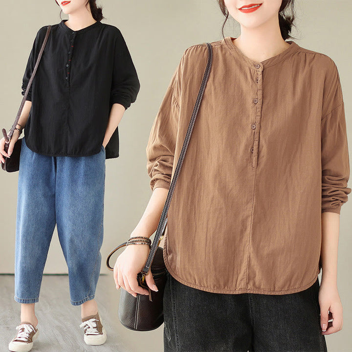 Chemise à manches longues en coton et lin pour femme, motif Buddha Stones, style printemps, simple et uni, avec demi-boutons - image 22