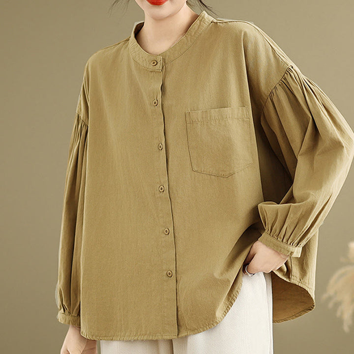 Chemise à manches longues en coton et lin pour femme, motif Buddha Stones, boutons et plis accordéon - image 2