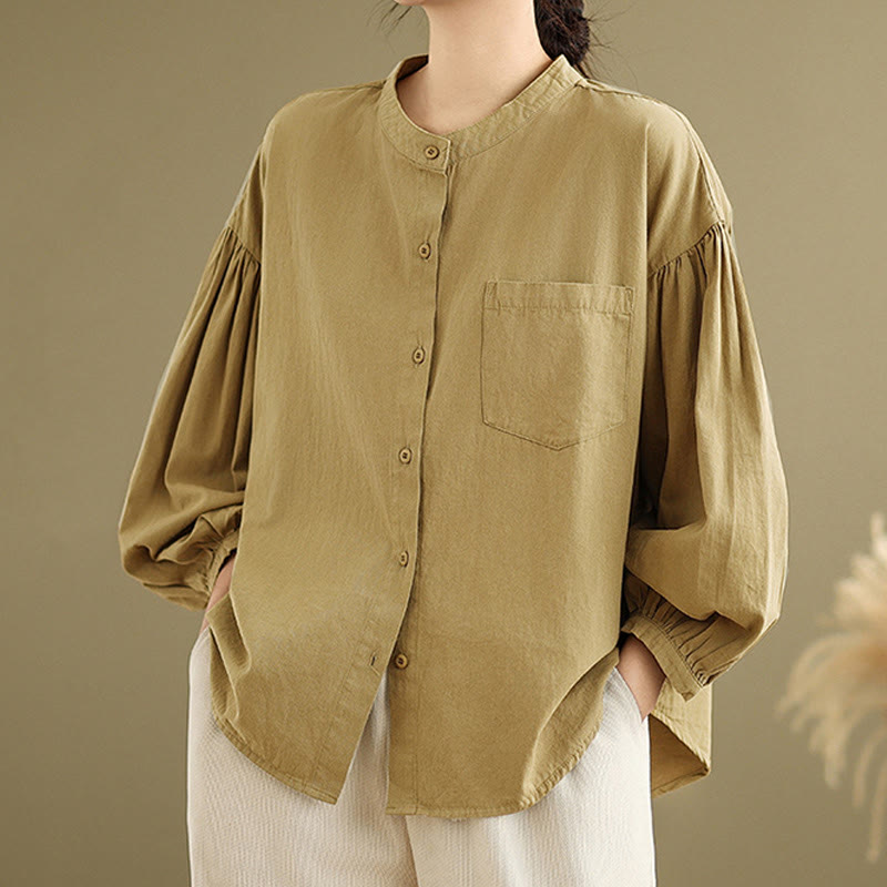 Chemise à manches longues en coton et lin pour femme, motif Buddha Stones, boutons et plis accordéon - Verge d'or foncée - US8-10，UK/AU12-14，EU40-42 (2XL) - image 1
