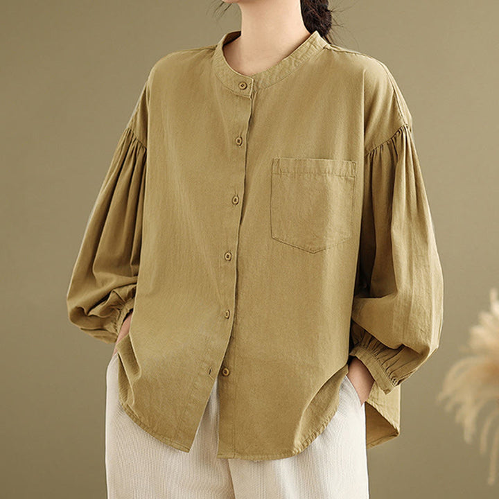 Chemise à manches longues en coton et lin pour femme, motif Buddha Stones, boutons et plis accordéon - Verge d'or foncée - US8-10，UK/AU12-14，EU40-42 (2XL) - image 1