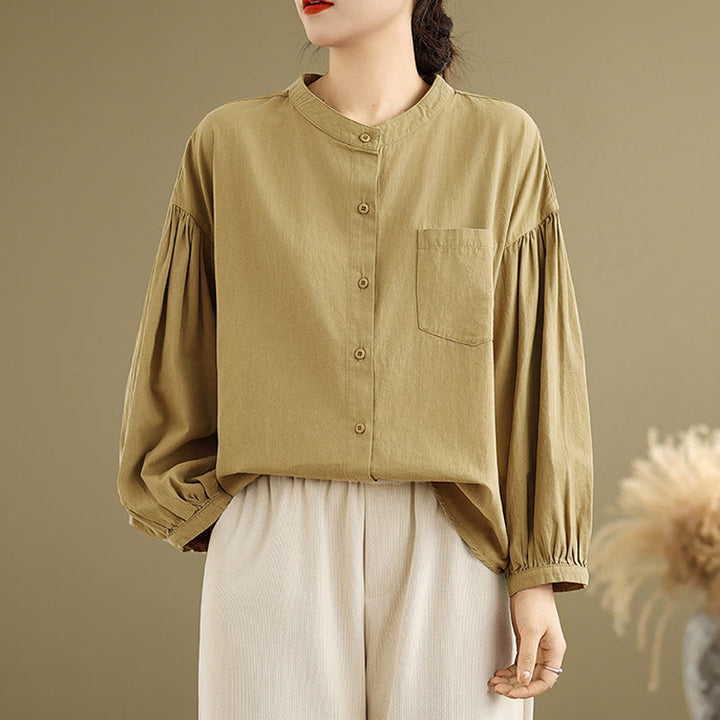 Chemise à manches longues en coton et lin pour femme, motif Buddha Stones, boutons et plis accordéon - image 6