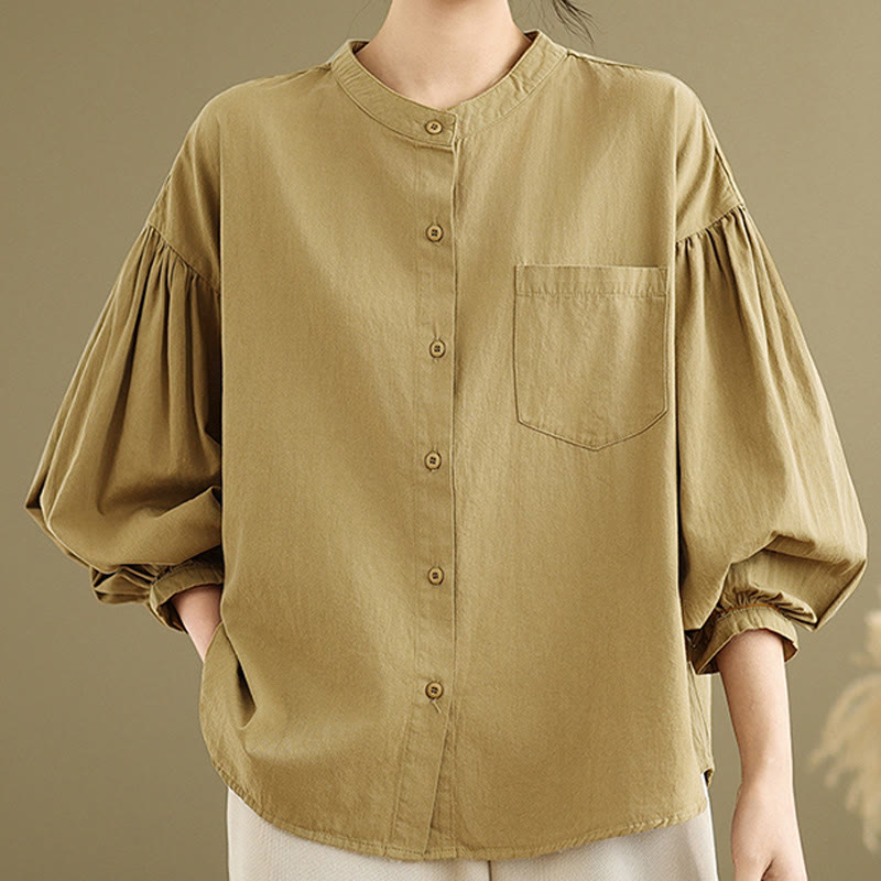 Chemise à manches longues en coton et lin pour femme, motif Buddha Stones, boutons et plis accordéon - image 3