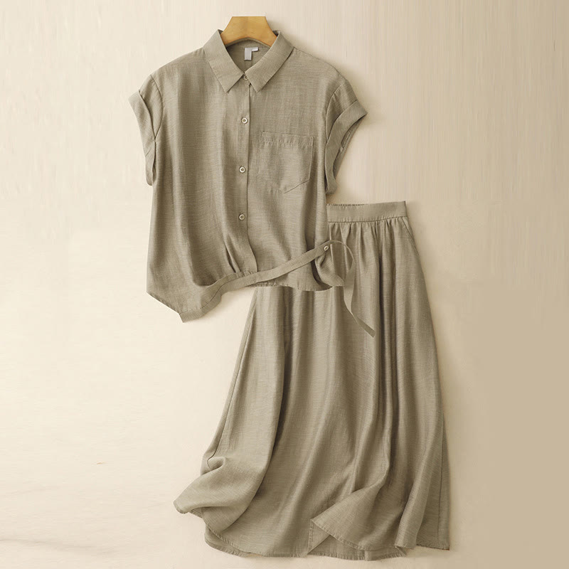 Ensemble 2 pièces pour femme, chemise à manches courtes, jupe 7-8 avec poches, en coton et lin, motif Buddha Stones - Kaki foncé - US8-10，UK/AU12-14，EU40-42 (2XL) - image 1