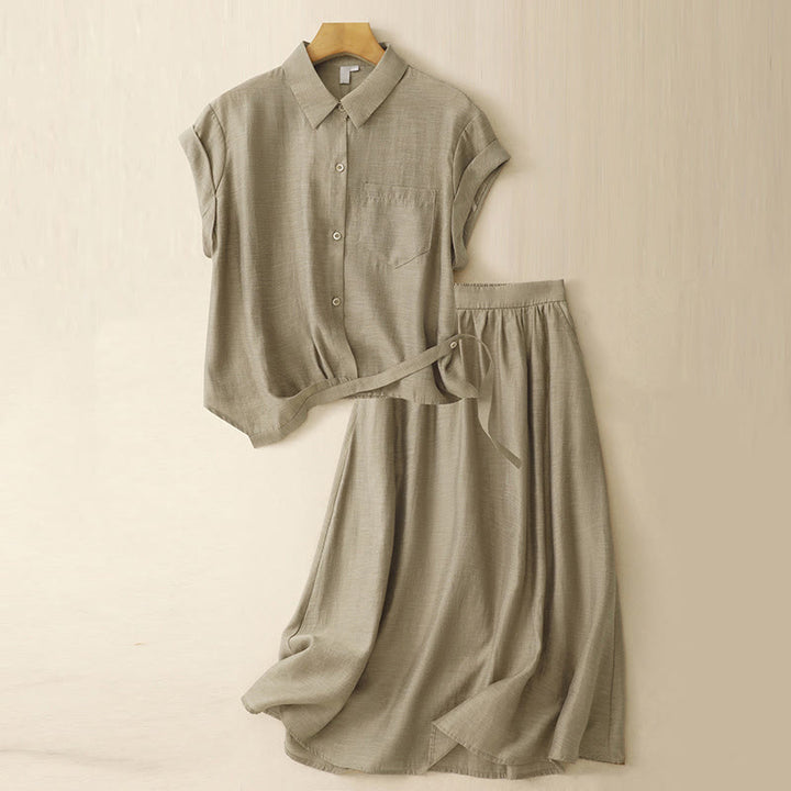 Ensemble 2 pièces pour femme, chemise à manches courtes, jupe 7-8 avec poches, en coton et lin, motif Buddha Stones - Kaki foncé - US8-10，UK/AU12-14，EU40-42 (2XL) - image 1