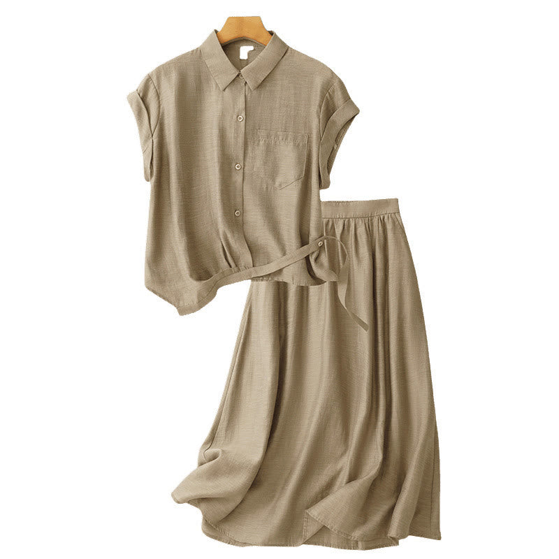 Ensemble 2 pièces pour femme, chemise à manches courtes, jupe 7-8 avec poches, en coton et lin, motif Buddha Stones - image 14