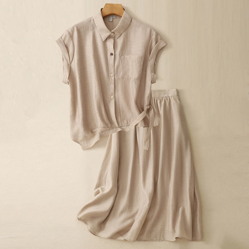 Ensemble 2 pièces pour femme, chemise à manches courtes, jupe 7-8 avec poches, en coton et lin, motif Buddha Stones - Blé - US8-10，UK/AU12-14，EU40-42 (2XL) - image 15