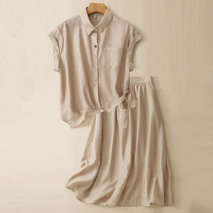 Ensemble 2 pièces pour femme, chemise à manches courtes, jupe 7-8 avec poches, en coton et lin, motif Buddha Stones - Blé - US8-10，UK/AU12-14，EU40-42 (2XL) - image 15