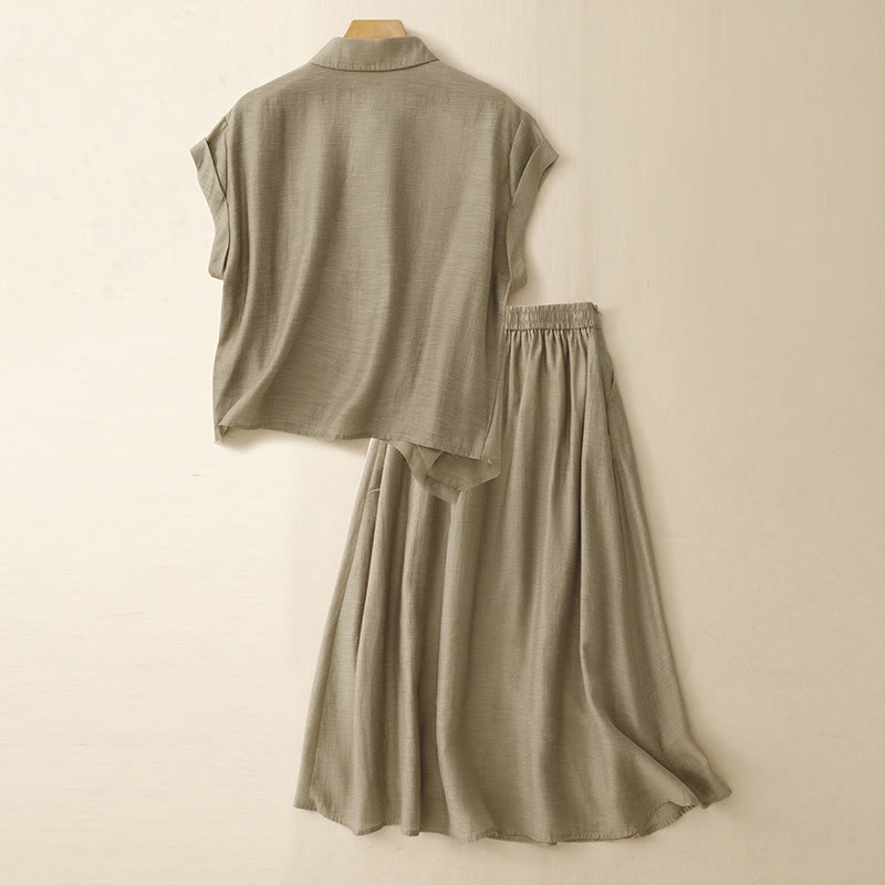 Ensemble 2 pièces pour femme, chemise à manches courtes, jupe 7-8 avec poches, en coton et lin, motif Buddha Stones - image 2