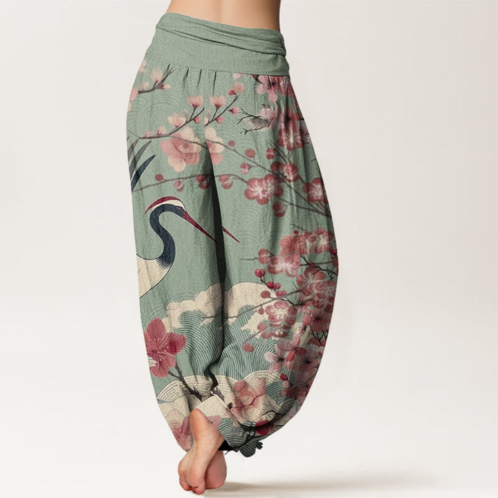Pantalon Buddha Stones décontracté à taille élastique pour femme, motif grue et fleurs de cerisier - image 2