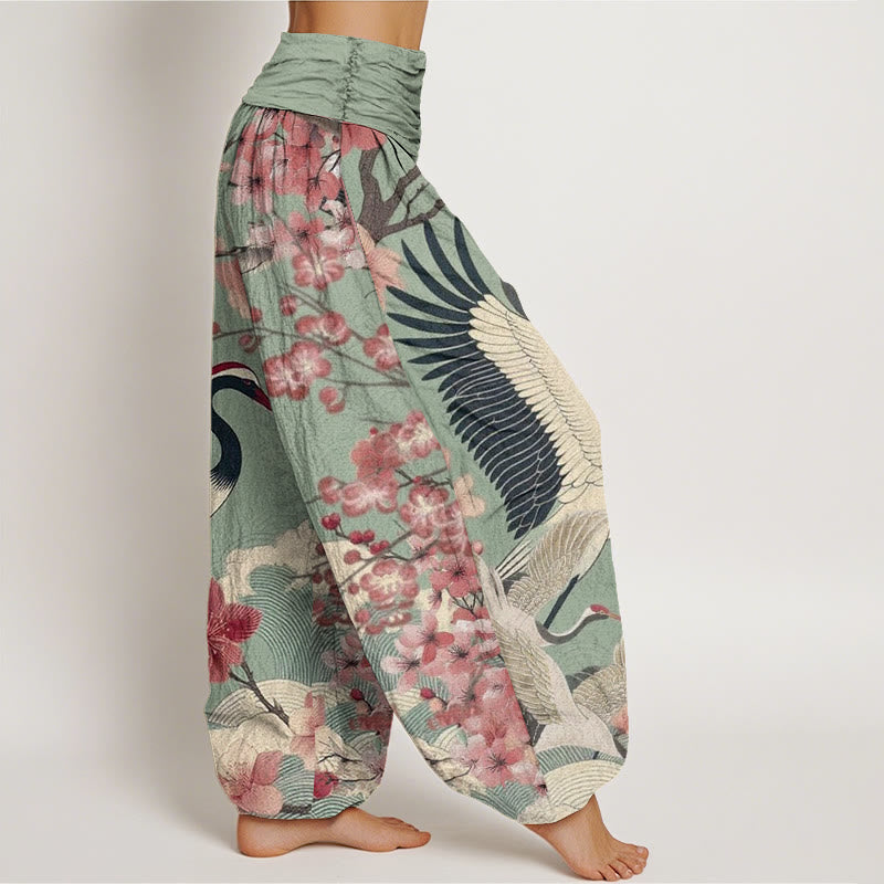 Pantalon Buddha Stones décontracté à taille élastique pour femme, motif grue et fleurs de cerisier - image 1