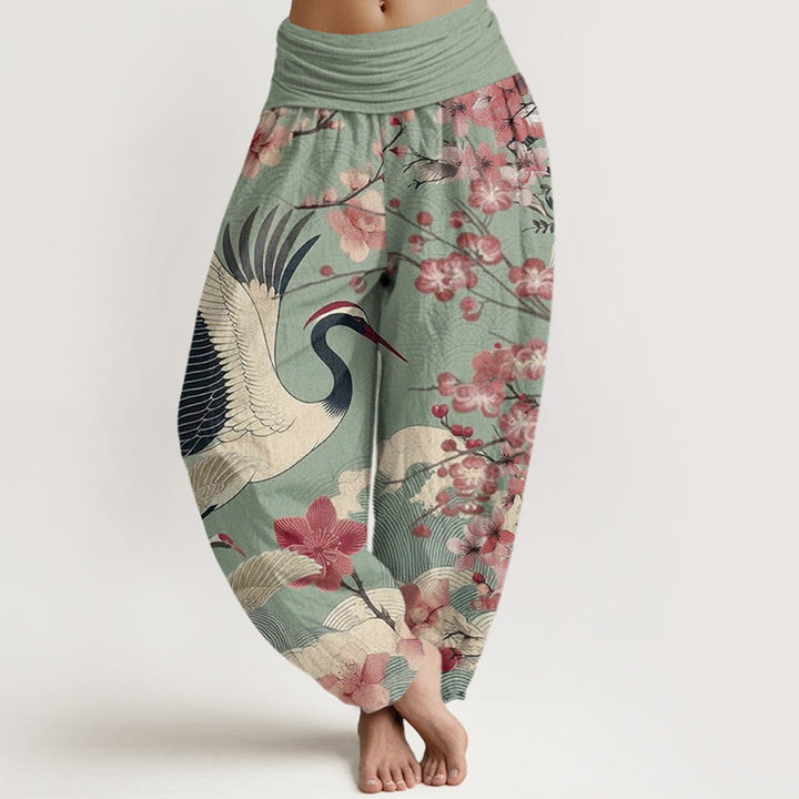 Pantalon Buddha Stones décontracté à taille élastique pour femme, motif grue et fleurs de cerisier - Vert foncé - US22，UK/AU26，EU54 (6XL) - image 0