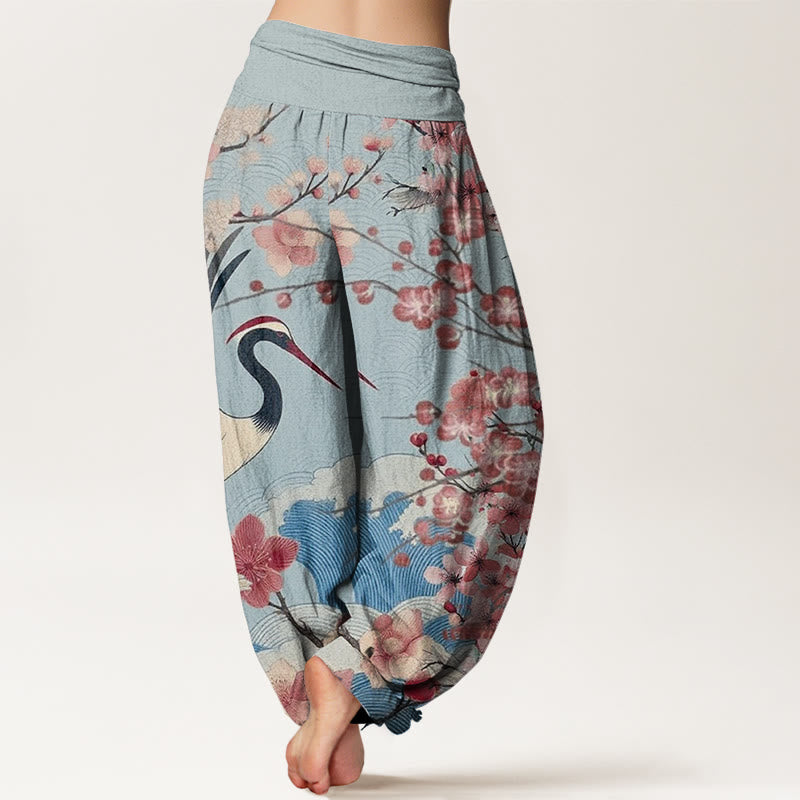 Pantalon harem à taille élastique pour femme, en coton décontracté, motif grue et fleurs de cerisier, orné de Buddha Stones - image 6