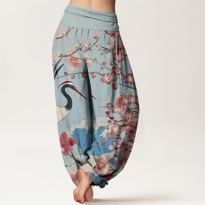 Pantalon harem à taille élastique pour femme, en coton décontracté, motif grue et fleurs de cerisier, orné de Buddha Stones - image 6