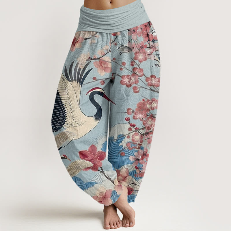 Pantalon Buddha Stones décontracté à taille élastique pour femme, motif grue et fleurs de cerisier - Bleu ciel - US22，UK/AU26，EU54 (6XL) - image 4