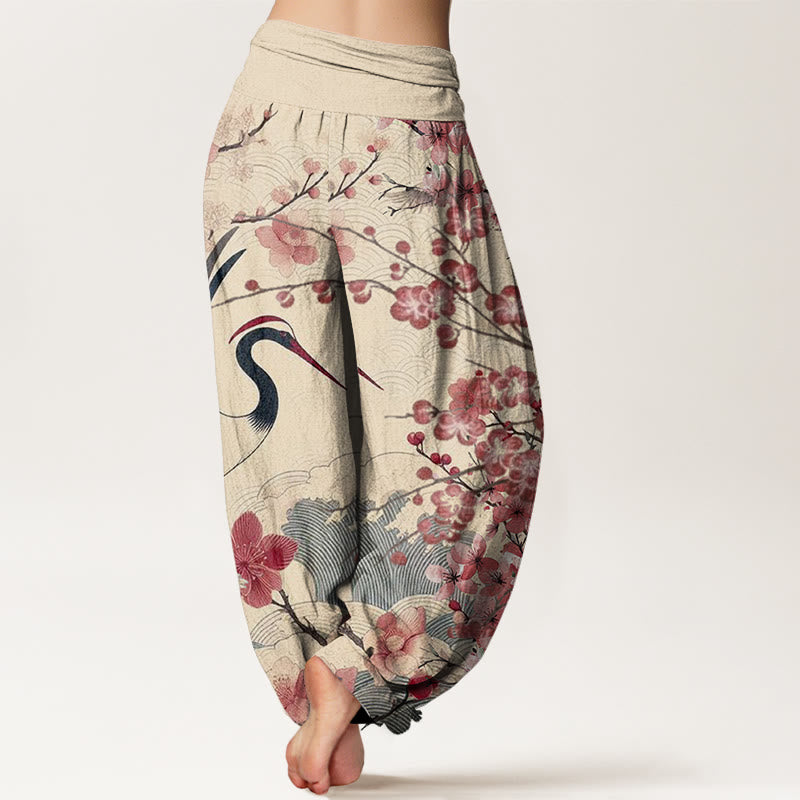 Pantalon harem à taille élastique pour femme, en coton décontracté, motif grue et fleurs de cerisier, orné de Buddha Stones - image 9