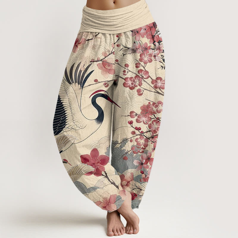 Pantalon Buddha Stones décontracté à taille élastique pour femme, motif grue et fleurs de cerisier - PapayaWhip - US22，UK/AU26，EU54 (6XL) - image 8