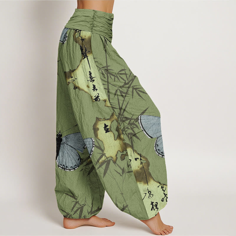 Pantalon Buddha Stones décontracté à taille élastique pour femme, motif papillon, feuille de bambou et calligraphie - image 1