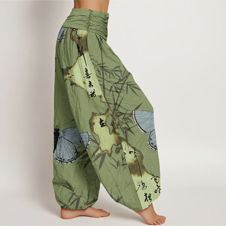 Pantalon harem femme en coton décontracté à taille élastique, motif papillon et feuille de bambou calligraphié, Buddha Stones - image 1