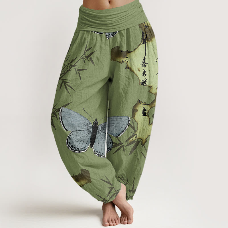 Pantalon Buddha Stones décontracté à taille élastique pour femme, motif papillon, feuille de bambou et calligraphie - Vert olive - US22，UK/AU26，EU54 (6XL) - image 0