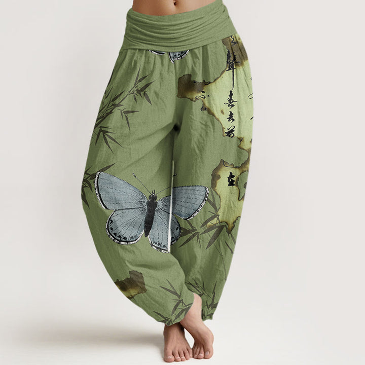Pantalon Buddha Stones décontracté à taille élastique pour femme, motif papillon, feuille de bambou et calligraphie - Vert olive - US22，UK/AU26，EU54 (6XL) - image 0