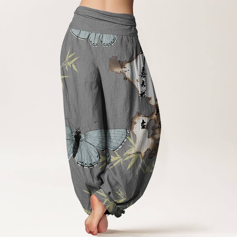 Pantalon Buddha Stones décontracté à taille élastique pour femme, motif papillon, feuille de bambou et calligraphie - image 7