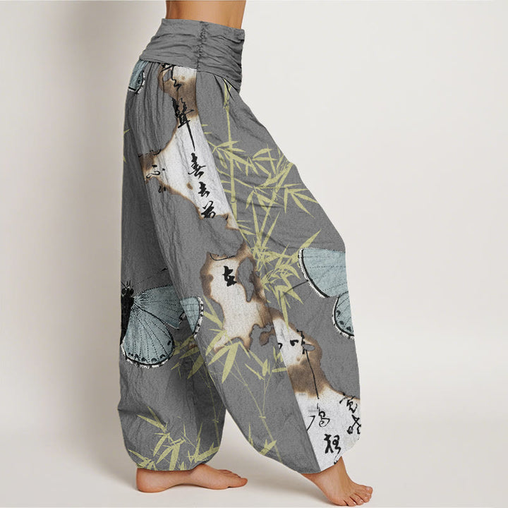 Pantalon Buddha Stones décontracté à taille élastique pour femme, motif papillon, feuille de bambou et calligraphie - image 6