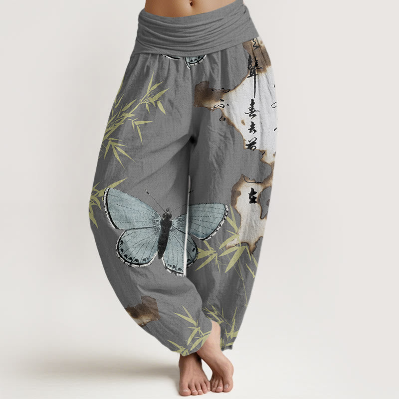 Pantalon Buddha Stones décontracté à taille élastique pour femme, motif papillon, feuille de bambou et calligraphie - Gris foncé - US22，UK/AU26，EU54 (6XL) - image 4