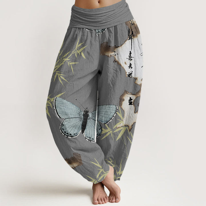 Pantalon Buddha Stones décontracté à taille élastique pour femme, motif papillon, feuille de bambou et calligraphie - Gris foncé - US22，UK/AU26，EU54 (6XL) - image 4