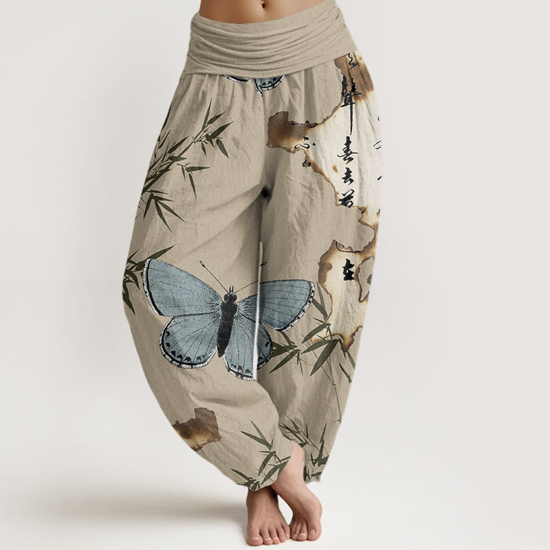 Pantalon Buddha Stones décontracté à taille élastique pour femme, motif papillon, feuille de bambou et calligraphie - Tanné - US22，UK/AU26，EU54 (6XL) - image 8