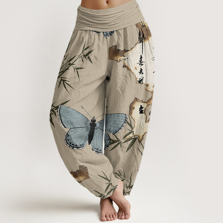 Pantalon Buddha Stones décontracté à taille élastique pour femme, motif papillon, feuille de bambou et calligraphie - Tanné - US22，UK/AU26，EU54 (6XL) - image 8