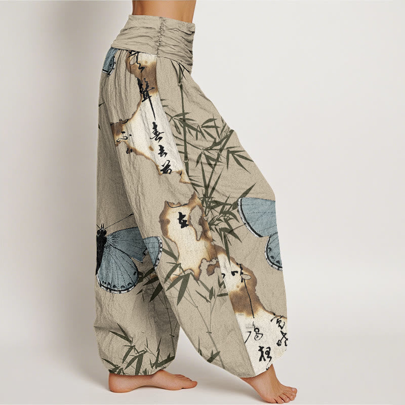 Pantalon harem femme en coton décontracté à taille élastique, motif papillon et feuille de bambou calligraphié, Buddha Stones - image 8