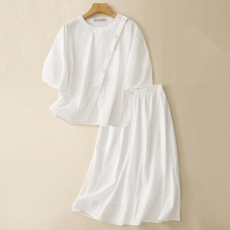 Ensemble 2 Buddha Stones et jupe à manches mi-longues avec boutons irréguliers et poches en coton pour femme - Blanc - US8-10，UK/AU12-14，EU40-42 (2XL) - image 15
