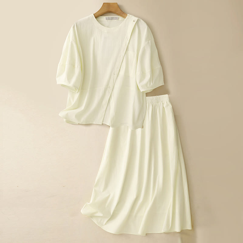 Ensemble 2 Buddha Stones et jupe à manches mi-longues avec boutons irréguliers et poches en coton pour femme - Jaune clair - US8-10，UK/AU12-14，EU40-42 (2XL) - image 22