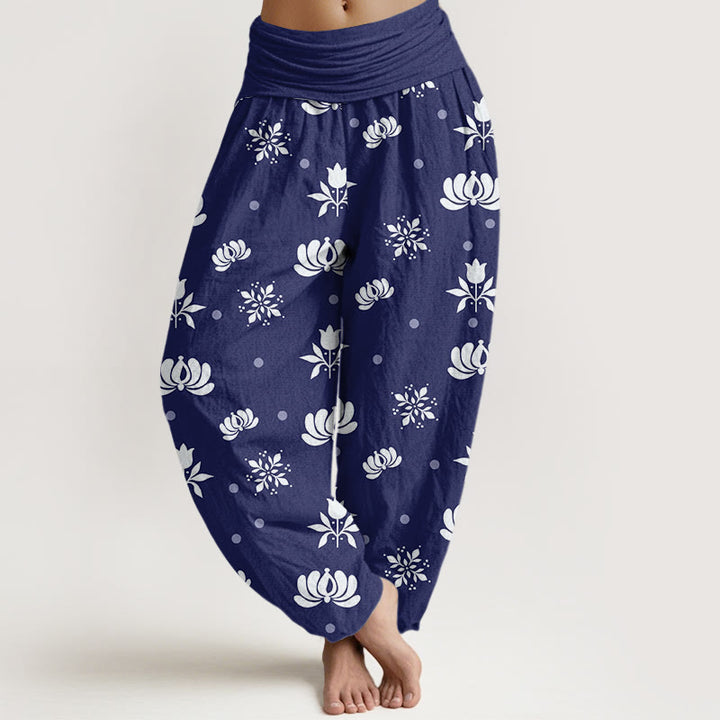 Pantalon sarouel décontracté à taille élastique pour femme, motif lotus à petits pois et Buddha Stones - Bleu foncé - US22，UK/AU26，EU54 (6XL) - image 0