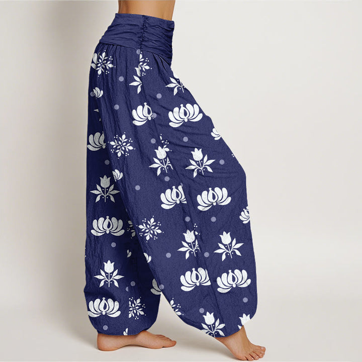 Pantalon harem femme en coton décontracté à petits pois et motif lotus et Buddha Stones , taille élastique - image 1