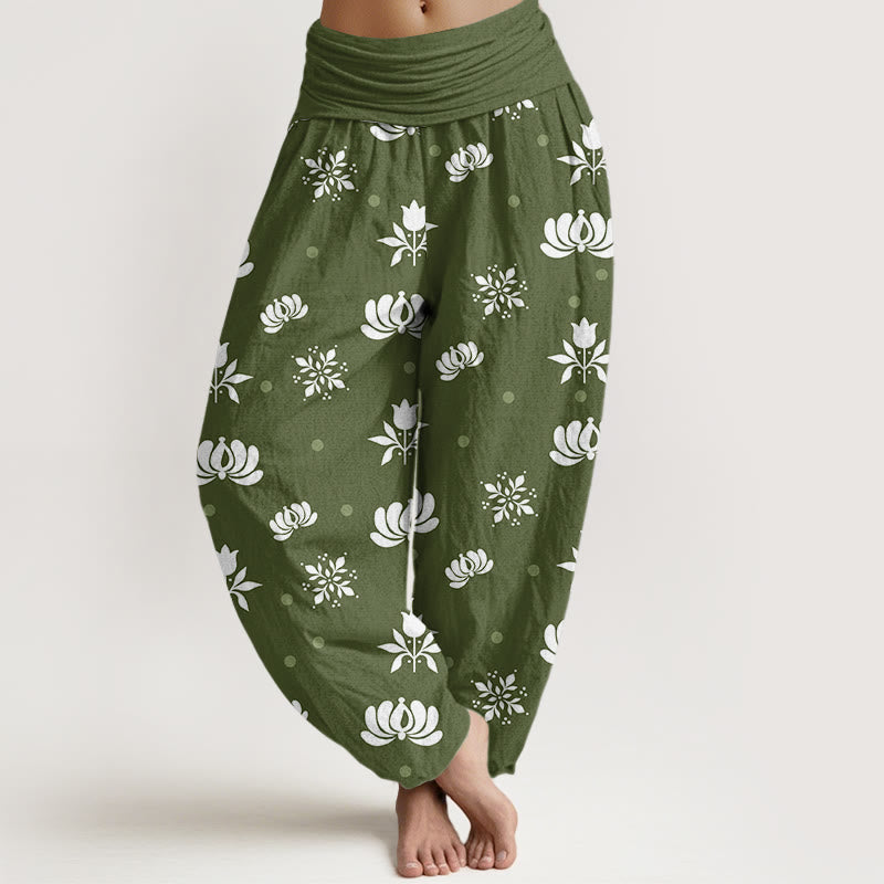 Pantalon sarouel décontracté à taille élastique pour femme, motif lotus à petits pois et Buddha Stones - Vert olive - US22，UK/AU26，EU54 (6XL) - image 4