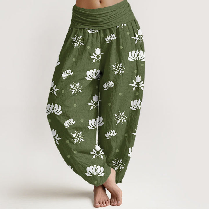 Pantalon sarouel décontracté à taille élastique pour femme, motif lotus à petits pois et Buddha Stones - Vert olive - US22，UK/AU26，EU54 (6XL) - image 4
