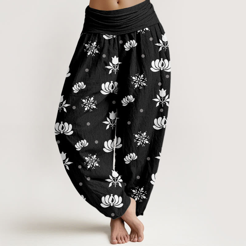 Pantalon sarouel décontracté à taille élastique pour femme, motif lotus à petits pois et Buddha Stones - Noir - US22，UK/AU26，EU54 (6XL) - image 8