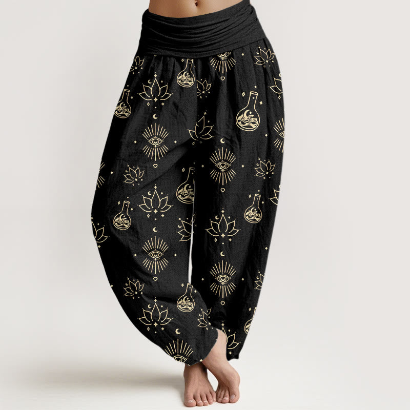 Pantalon harem femme en coton décontracté à motif lotus et œil d'Horus, taille élastique, orné de Buddha Stones - Noir - US22，UK/AU26，EU54 (6XL) - image 0