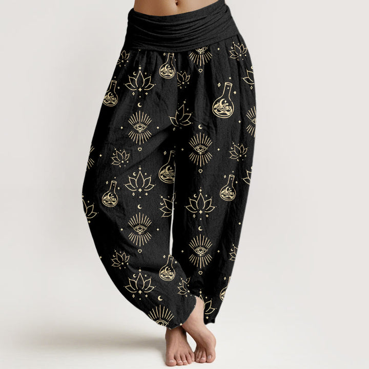Pantalon sarouel décontracté à taille élastique pour femme, motif œil d'Horus et Buddha Stones - Noir - US22，UK/AU26，EU54 (6XL) - image 1