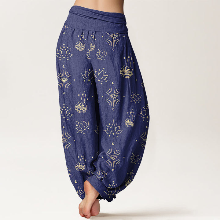 Pantalon harem femme en coton décontracté à motif lotus et œil d'Horus, taille élastique, orné de Buddha Stones - image 6
